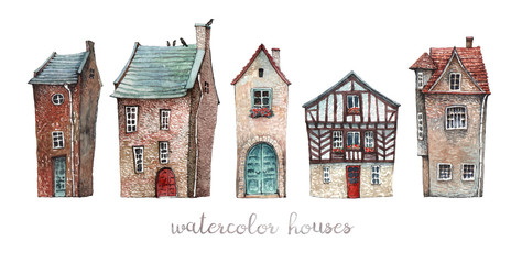 A set of watercolor illustrations of old European houses with wooden doors, tile roofs and flowers on the windowsills