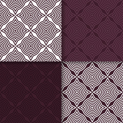 Geometric backgrounds. Set of maroon seamless patterns