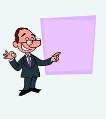 Happy White businessman with glasses makes the gesture of ok. Is showing, as in a presentation, the data you want.
