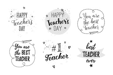 Happy Teacher's Day labels, greeting cards, posters set. Vector quote I love my Teacher, You are the best Teacher on a white background with hearts, stars, flowers, airplane. - Powered by Adobe