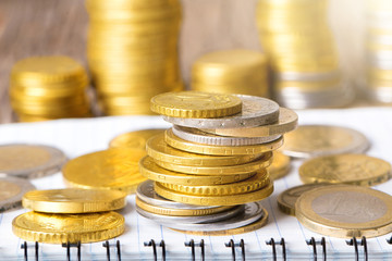 Euro coins. Euro money. Euro currency.Coins stacked on each other in different positions. Money concept