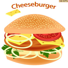 Cheeseburger isolated. Sandwich. Fried meat cutlet in a bun. Burger with butter, greens, cheese, tomatoes and beef steak. Fast food. Vector illustration for a recipe, restaurant menu, kitchen interior