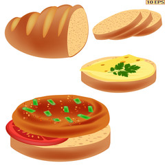 Fried cutlet. Meatballs and bread. The roasted steak on the plate isolated on white background. Meat rissoles, spices and green vegetables. Vector illustration 