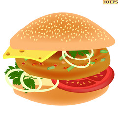Cheeseburger isolated. Sandwich. Fried meat cutlet in a bun. Burger with butter, greens, cheese, tomatoes and beef steak. Fast food. Vector illustration for a recipe, restaurant menu, kitchen interior