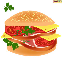 Sandwich.  Hamburger with smoked ham . Cheeseburger with smoked pork. Bun with butter, cheese, tomatoes, parsley and delicacy meat. Vector illustration.