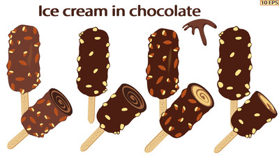 Classic Ice cream on a stick. Vector ice cream. Sundae. Chocolate ice cream. Sundae drizzled with chocolate. Dessert. The ice cream in chocolate with nuts. Sundae caramel. Vector illustration.