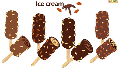 Classic Ice cream on a stick. Vector ice cream. Sundae. Chocolate ice cream. Sundae drizzled with chocolate. Dessert. The ice cream in chocolate with nuts. Sundae caramel. Vector illustration.