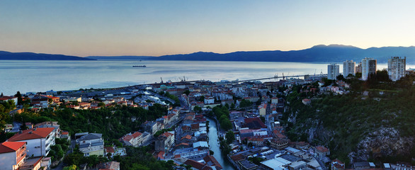 Panorama of Rijeka city with sunset, Croatia