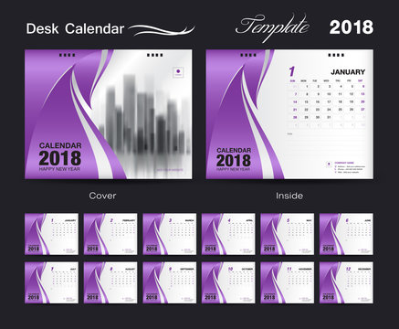 Set Desk Calendar 2018 template design, purple cover, Set of 12 Months, Week start Sunday