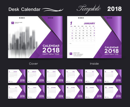 Set Desk Calendar 2018 template design, purple cover, Set of 12 Months, Week start Sunday