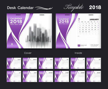 Desk Calendar 2018 template layout design, purple cover, Set of 12 Months,advertising