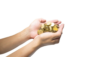 Fototapeta premium Male hand holding golden coins. Saving, money, finance donation, giving and bussiness concept. Isolated on white background with clipping path.