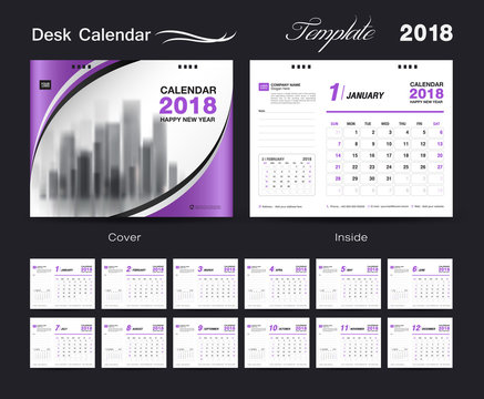 Desk Calendar for 2018 Year, Vector Design Print Template, purple cover design, advertisement, printing