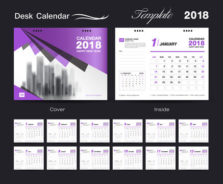 Desk Calendar for 2018 Year, Vector Design Print Template, purple cover design