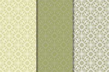 Olive green set of floral ornaments. Seamless patterns