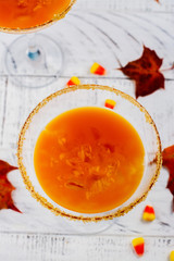 Fall pumpkin martini cocktail on white background. Copy space