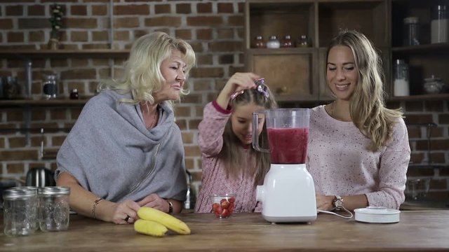 Family making berry smoothie in the kitchen