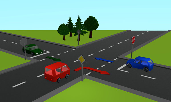 Verkehrssituation: Drei Autos an einer Kreuzung mit Stoppschild und Richtungspfeilen