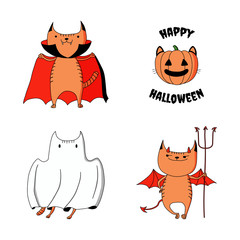 Hand drawn vector illustration of cute funny cartoon cats: ghost, devil, vampire, jack o lantern pumpkin with ears, whiskers, text.