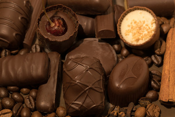 Chocolate composition on brown plate