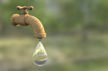 Safety of drinking water concept, 3D illustration showing old tap with water