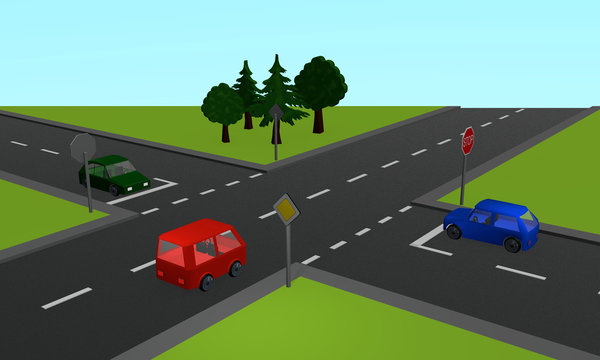 Verkehrssituation: Drei Autos an einer Kreuzung mit Stoppschild