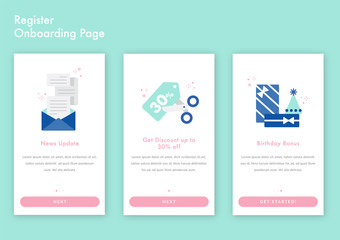 Onboarding screen walkthrough app splashscreen register login page vector illustration