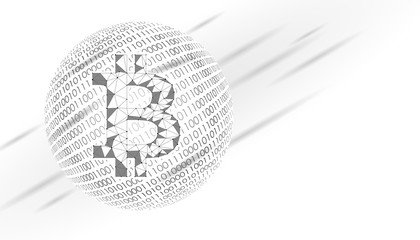 Bitcoin crypto currency sign on globe. International e-finance e-commerce concept. Binary number code planet Earth abstract banner. Gray white neutral business vector illustration