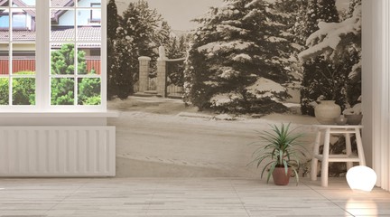 White empty room with chair. Scandinavian interior design. 3D illustration