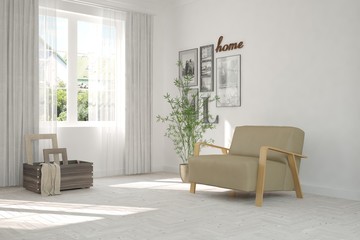 Idea of white room with armchair and summer landscape in window. Scandinavian interior design. 3D illustration