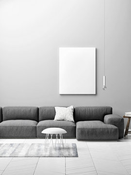 living room concept with mock up poster on gray wall, 3d illustration
