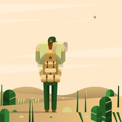 hiker with a map in the desert - obrazy, fototapety, plakaty