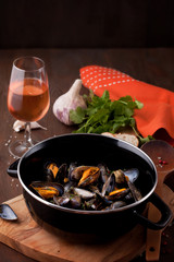 Freshly cooked mussles in herbs and white wine