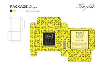 package puff powder skin color, box outline Yellow background, memphis pattern, flyer template layout, cosmetics, spa, beauty, vector illustration