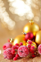 Christmas background, new year close up red and gold decoration balls on glitter abstract blurred holiday bokeh background