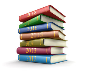 Stack of books with 2018. Image with clipping path