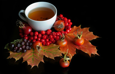 cup tea with dogrose on black background