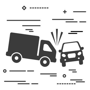 Flat Line design graphic image concept of truck and car crash vector illustration, two automobiles collision, auto accident scene isolated on white background