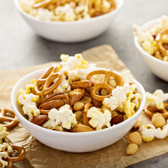 Homemade trail mix with popcorn, pretzels and nuts