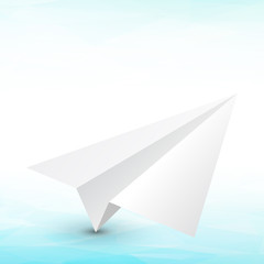 paper airplane on a blue abstract geometric background