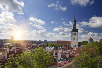 aerial view on observation deck of Old city's roofs and St. Nicholas' Church (Niguliste) . Tallinn. Estonia