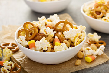 Homemade Halloween trail mix with popcorn, pretzels and nuts