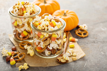 Homemade Halloween trail mix with popcorn, pretzels and nuts