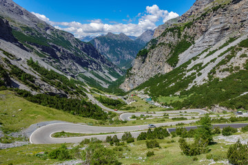 View of serpentine road, Stelvio Pass from Bormio