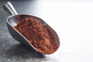 Tasty cocoa powder in scoop.