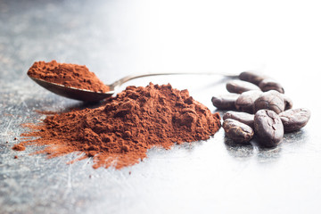 Tasty cocoa powder and cocoa beans.
