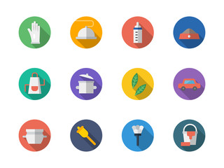 Housekeeping staff flat round vector icons set