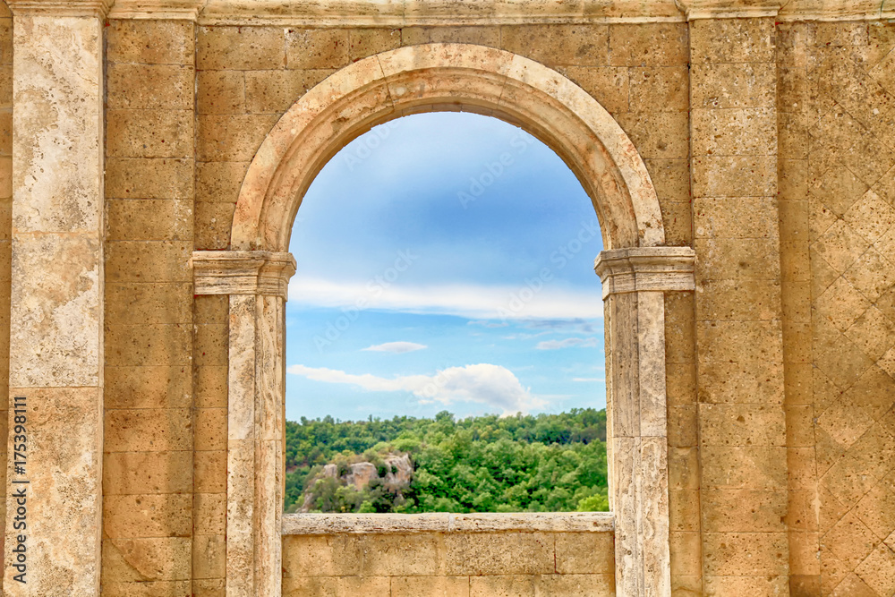 Sticker italian view through the arch window, tuscany, italy