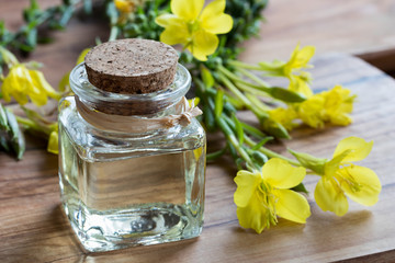 A bottle of evening primrose oil with evening primrose flowers