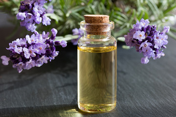 A transparent bottle of lavender essential oil on a dark background